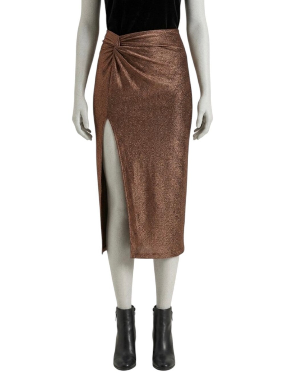 NEW Black Tape Rose Gold Glitter Twist Front Midi Skirt with Slit